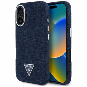 Guess Džinsinis trikampio logotipas MagSafe dėklas iPhone 16 - mėlynas