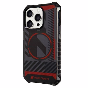 Audi IML Sport Magnetinis dėklas telefonui iPhone 15 Pro Max 6.7" juodas/juodas kietas dėklas AU-IMLMIP15PM-RSQ/D2-BK