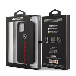 Ferrari FEOMSHCP12LBK iPhone 12 Pro Max juodas/juodas kietas dėklas Off Track Leather Nylon Stripe