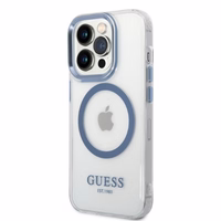 Guess GUHMP14XHTRMB iPhone 14 Pro Max 6.7" mėlynas kietas dėklas su metaliniu kontūru, magnetinis (MagSafe)