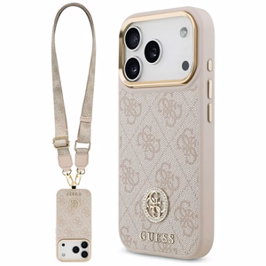 Guess 4G Strass Logo & Big Strap Metal Buttons Magnetinis dėklas telefonui iPhone 17 Pro - rožinė