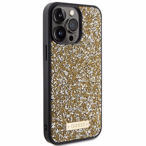 Guess Rhinestone Metal Logo dėklas telefonui iPhone 15 Pro Max - geltonas