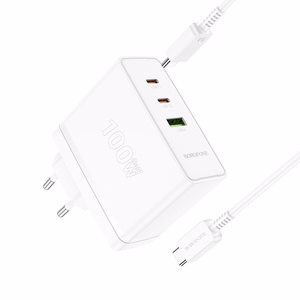 Borofone sieninis įkroviklis BN11 Imperial - USB + 2xType C - QC 3.0 PD 100W su Type C į Type C kabeliu baltas