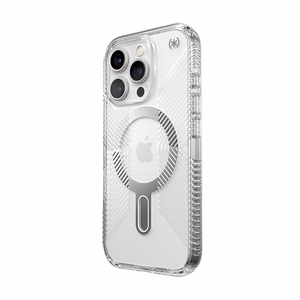 Speck Presidio Perfect-Clear Grip ClickLock & MagSafe dėklas, skirtas iPhone 16 Pro, skaidrus / chromo apdaila / „Serene Silver“
