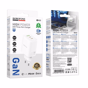 Borofone sieninis įkroviklis BN32 Cargador GaN - USB + 2xType C - QC 3.0 PD 65W baltas