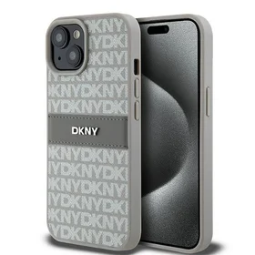 DKNY Odinis mono juosta ir metalinis logotipas dėklas telefonui iPhone 15 Plus / 14 Plus - smėlio