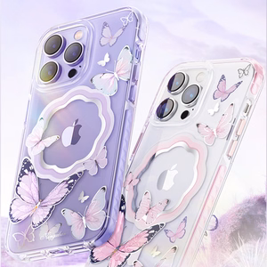 Kingxbar Butterfly Series magnetinis dėklas telefonui iPhone 14 Plus MagSafe su drugelių motyvu rožinės spalvos
