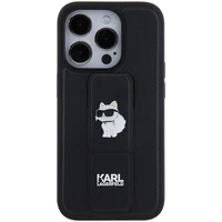 Karl Lagerfeld dėklas telefonui su stovu Gripstand Saffiano Choupette Pins iPhone 15 Pro - juodas
