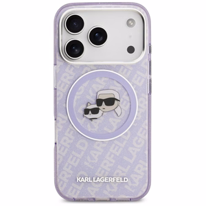 Karl Lagerfeld IML Blizgantis Karl & Choupette Heads Logo magnetinis dėklas telefonui iPhone 17 Pro Max - violetinis