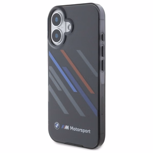 BMW Motosport IML atsitiktinės juostos iPhone 16 dėklas - juodas