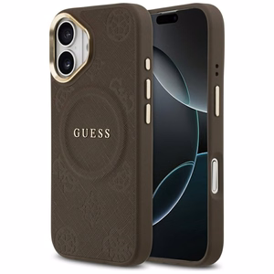 GUESS dėklas telefonui IPHONE 17, suderinamas su MagSafe GUHMP17SPSAMSECW (PU W/ Peony Hot Stamp) rudas