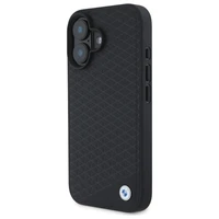 BMW ženklas odinis deimantinis metalinis logotipas magnetinis iPhone 16 dėklas - juodas