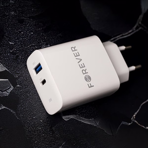 Forever TC-07-30AC PD QC įkroviklis 1x USB-C 1x USB 30W baltas + USB-C - USB-C laidas 60W