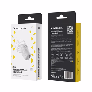 Wozinsky WF16-YCS 5000mAh 15W USB-C mini išorinė baterija su įmontuotu USB-C kabeliu ir Apple Watch įkrovikliu - balta
