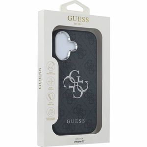 GUESS dėklas telefonui IPHONE 17 GUHCP17SP4G4SMCK (4G PU odos dėklas su dideliu 4G ir klasikiniu logotipu bei sidabriniu metaliniu kameros rėmeliu) juodas