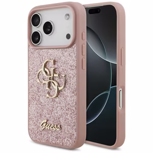 Guess PU Fixed Glitter 4G Metal Logo dėklas Apple iPhone 18 Pro, rožinis