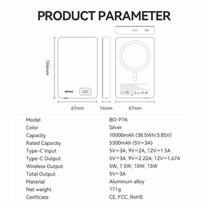 BWOO ultra-slim aluminium magnetic išorinė baterija P76 PD 20W 10000 mAh with digital display and USB-C port juodas
