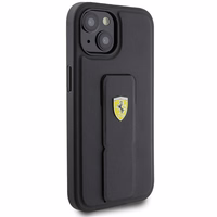 Ferrari Grip Stand Metal Logo dėklas iPhone 15 – juodas