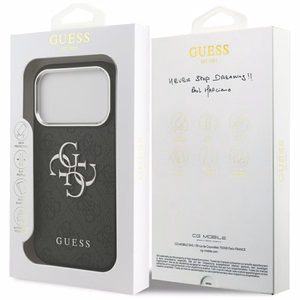GUESS dėklas telefonui IPHONE 17 Pro GUHCP17LP4G4SMCK (4G PU odos dėklas su dideliu 4G ir klasikiniu logotipu bei sidabriniu metaliniu kameros rėmeliu) juodas