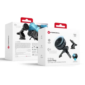 FORCELL F-GRIP Cool Mag magnetinis automobilinis laikiklis priekinio stiklo / oro angos tvirtinimui su Cold Protect aušinimo technologija ir belaidžiu įkrovimu, suderinamas su MagSafe Qi2 15W įkrovikliu, juodas