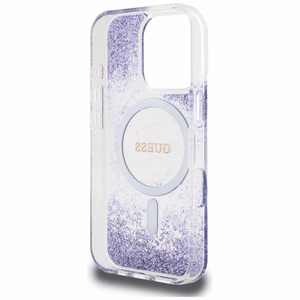 Guess HC dervos dugno blizgus magnetinis dėklas iPhone 16 Pro Max - violetinis