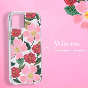 Rifle Paper Clear dėklas, skirtas iPhone 14 Plus, su aukso spalvos dekoru, „Rose Garden“ rašto