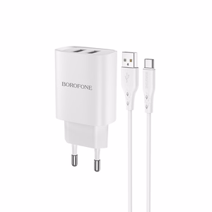 Borofone Sieninis įkroviklis BN2 Super - 2xUSB - 2,1A su USB į Type C baltas
