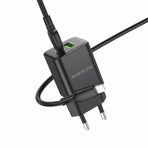 Borofone Sieninis įkroviklis BN14 Royal GaN - USB + Type C - QC 3.0 PD 30W su Type C į Lightning kabeliu juodas