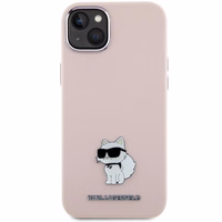 Karl Lagerfeld silikoninis Choupette Metal Pin dėklas telefonui iPhone 15 Plus / 14 Plus - rožinis