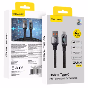 Blavec Zumi pintas laidas USB - Type C QC 30W 3A su LCD ekranu 1m Apple CarPlay/Android Auto juodas