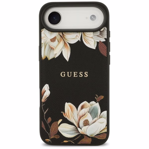 Guess Grained Flowers Classic Logo MagSafe dėklas iPhone Air - juodas (m)