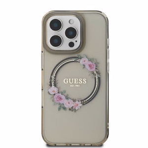 Guess IML Flowers Wreath Magnētinis dėklas telefonui iPhone 16 Pro - juodas
