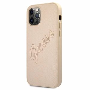 Guess GUHCP12LRSAVSLG iPhone 12 Pro Max 6.7 kietasis dėklas Saffiano Vintage Script auksinis