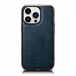 iCarer odinis Oil Wax dėklas telefonui iPhone 14 Pro Max, odinis dėklas mėlynas (WMI14220720-BU)