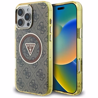Guess IML Metal Glitter 4G Circle Triangle Magnetinis dėklas telefonui iPhone 16 Pro - rudas
