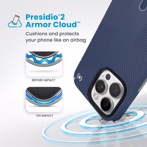 Speck Presidio2 Grip dėklas su MagSafe ir ClickLock, skirtas iPhone 16 Pro Max, „Coastal Blue/Dust Grey“