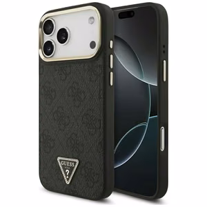 Dėklas Guess PU Leather 4G Strass Triangle Logo Gold Frame MagSafe Apple iPhone 17 Pro Max juodas