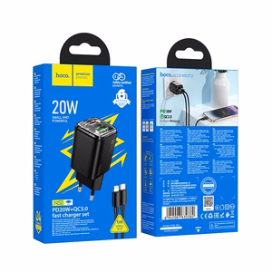 Įkroviklis telefonui Hoco USB A + USB C QC3.0 PD 3A 20W + kabelis USB C į Lightning N52 juodas