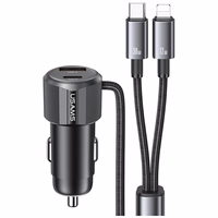 Automobilinis įkroviklis USAMS YT Series CC287 66W 1xUSB-A 1xUSB-C + laidas 2w1 USB-C/Lightning tamsus