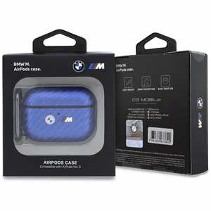 BMW M Carbon dėklas su metaliniu logotipu, skirtas AirPods Pro 3, šviesiai mėlynas