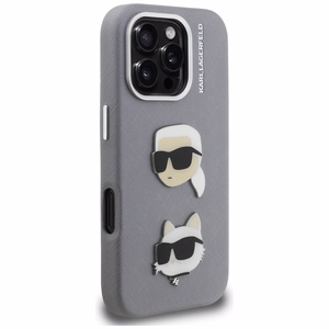 Karl Lagerfeld FW Grained Karl & Choupette Heads Pins Dėklas iPhone 16 Pro Max - pilkas
