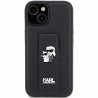 Karl Lagerfeld Gripstand Saffiano Karl&Choupette Pins dėklas telefonui iPhone 15 Plus / 14 Plus - juodas