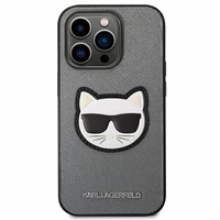 Karl Lagerfeld Saffiano Choupette Head Patch dėklas telefonui iPhone 14 Pro Max - sidabrinis