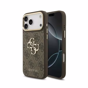 Guess PU Leather 4G Metal Logo Gold Frame dėklas Apple iPhone 18 Pro Max, rudas