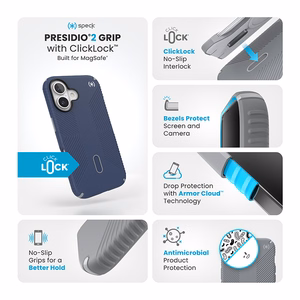 Speck Presidio2 Grip dėklas su MagSafe ir ClickLock, skirtas iPhone 16, „Coastal Blue/Dust Grey“