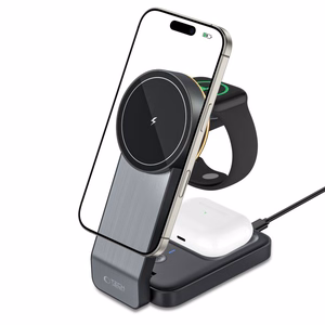 Tech-Protect QI15W-A28 MagSafe 3in1 indukcinis įkroviklis su stovu išmaniajam telefonui / Apple Watch / AirPods - juodas