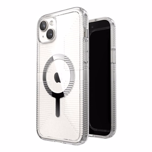 Speck GemShell Grip MagSafe dėklas, skirtas iPhone 15 Plus / 14 Plus, skaidrus su chromo spalvos akcentais