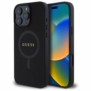Guess Saffiano klasikinio logotipo magnetinis dėklas telefonui iPhone 16 Pro Max - juoda