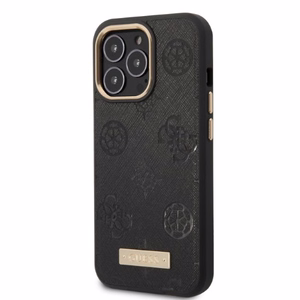 Guess GUHMP13LSAPSTK iPhone 13 Pro / 13 6.1" juodas/juodas kietas dėklas telefonui Peony Logo Plate Magnetinis MagSafe