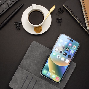 Universalus knygos tipo dėklas COMMON dydis L, skirtas IPHONE 6 PLUS / 7 PLUS / 8 PLUS / XS MAX / 11 PRO MAX / SAMSUNG S20 FE / S21 FE / S10 PLUS / A10 / A32 / A54 / XIAOMI 12 LITE / HUAWEI P30 PRO, juodas